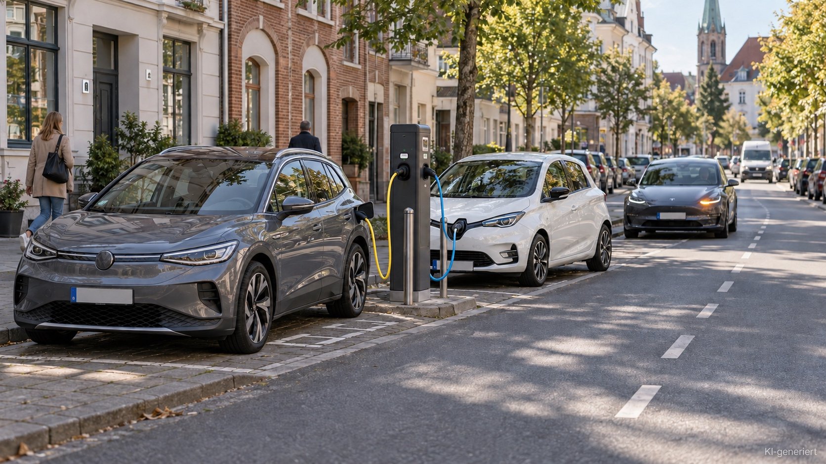 Zwei belegte Ladepunkte an einer Ladesäule, dahinter wartet ein weiteres E-Auto