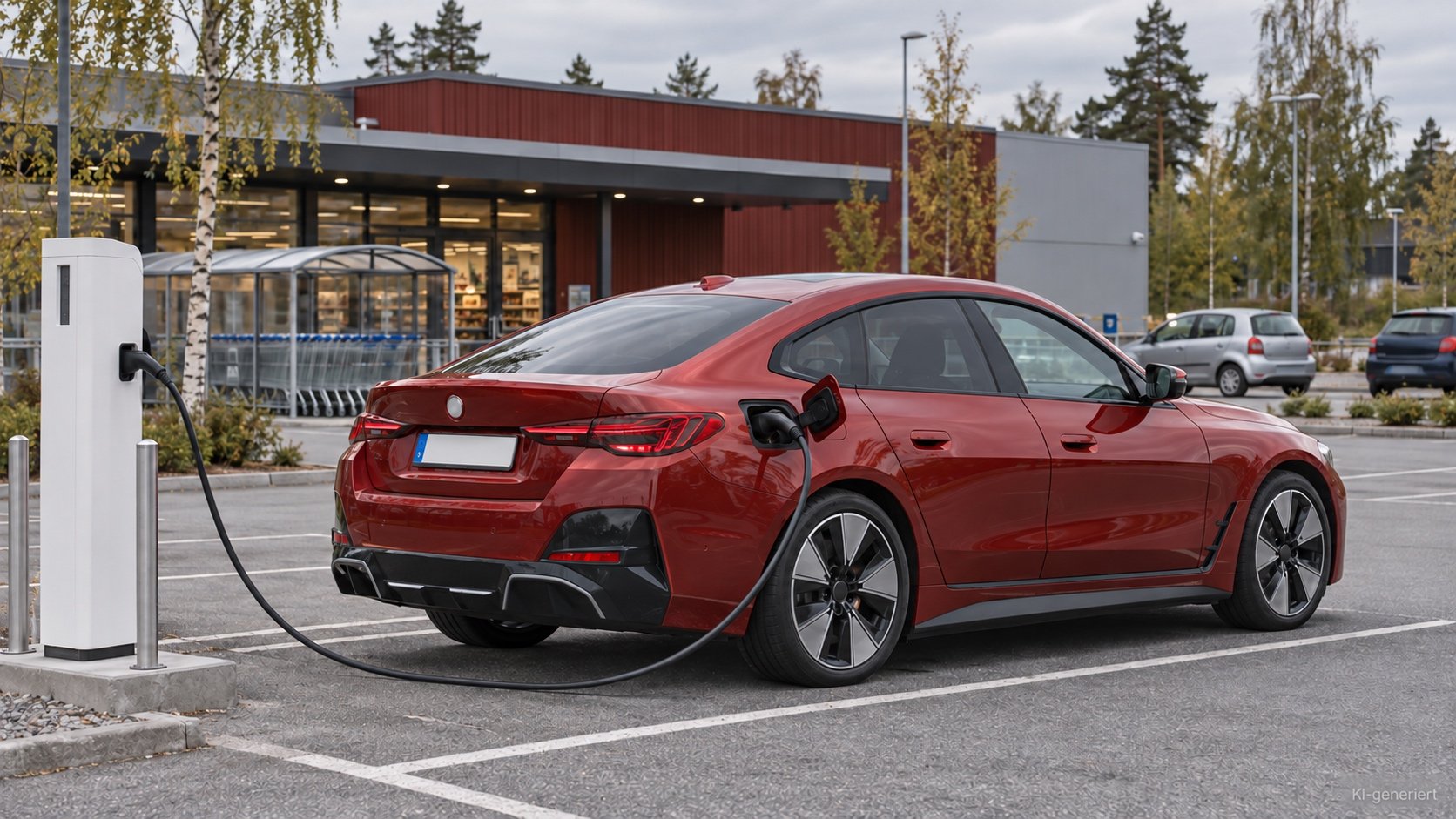 E-Auto l&auml;dt an einer Lades&auml;ule auf einem Supermarkt-Parkplatz in Schweden