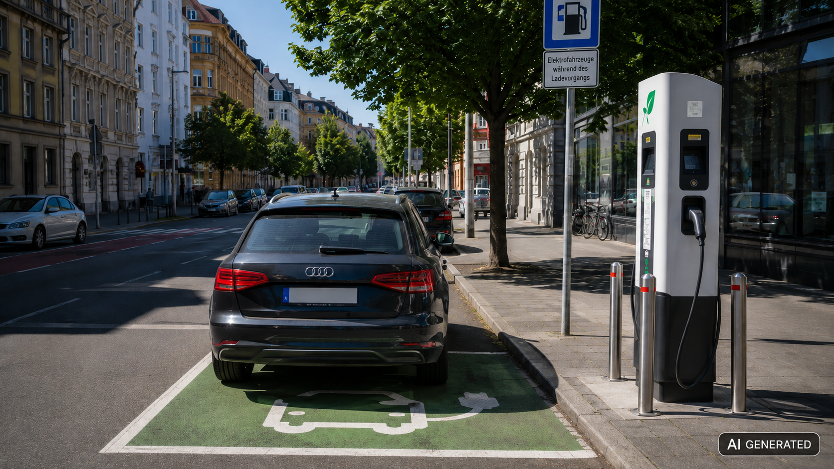 Verbrenner parkt unberechtigt auf einem markierten E-Auto-Ladeplatz vor einer öffentlichen Ladesäule