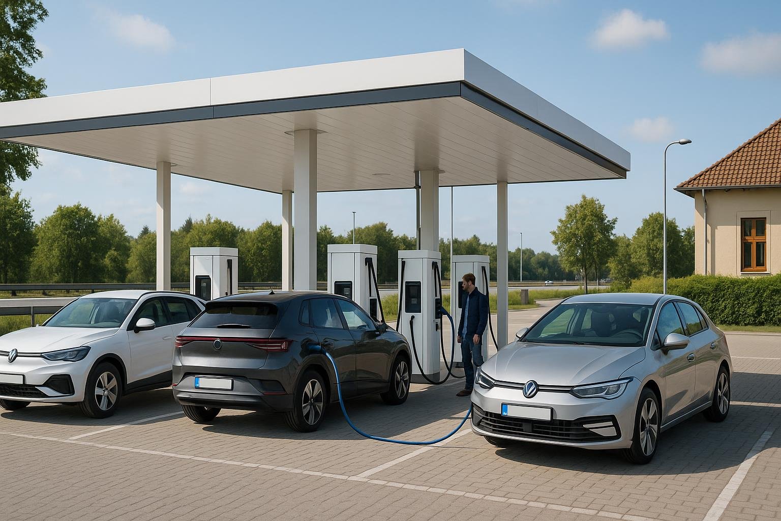Schnellladepark an einer deutschen Autobahnraststätte mit mehreren Ladesäulen und ladenden E-Autos