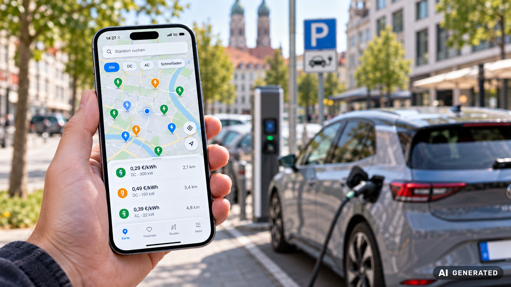 Smartphone mit Ladesaeulenkarte vor einem parkenden Elektroauto