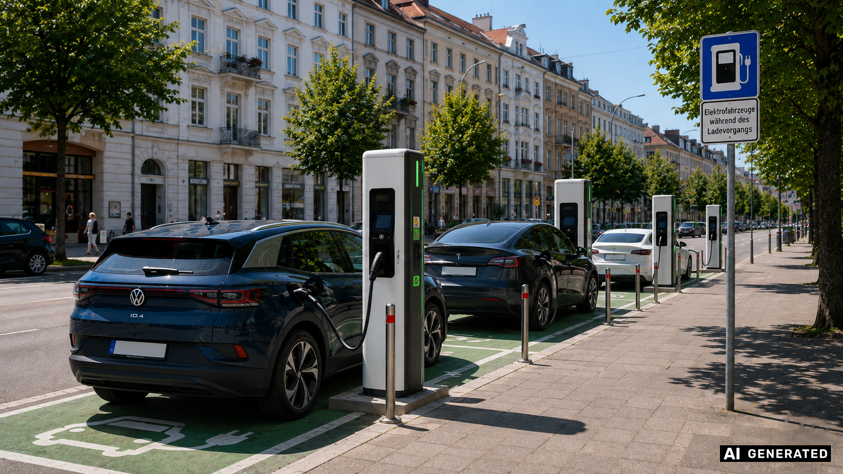 Öffentliche Ladesäulen mit ladenden E-Autos an einer deutschen Stadtstraße