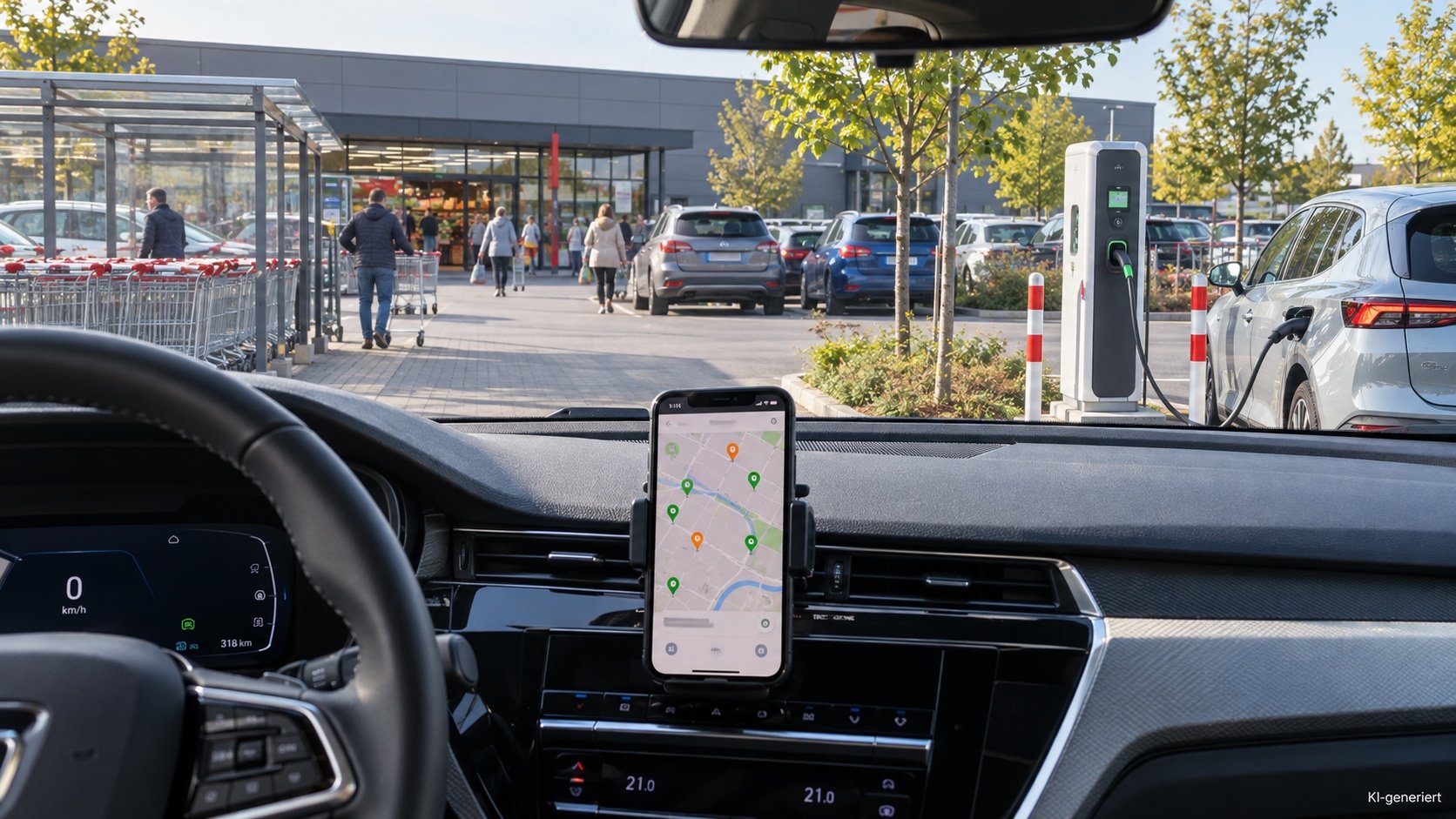 Smartphone mit Lades&auml;ulen-Karte auf dem Armaturenbrett, im Hintergrund ein Supermarktparkplatz mit Ladestation