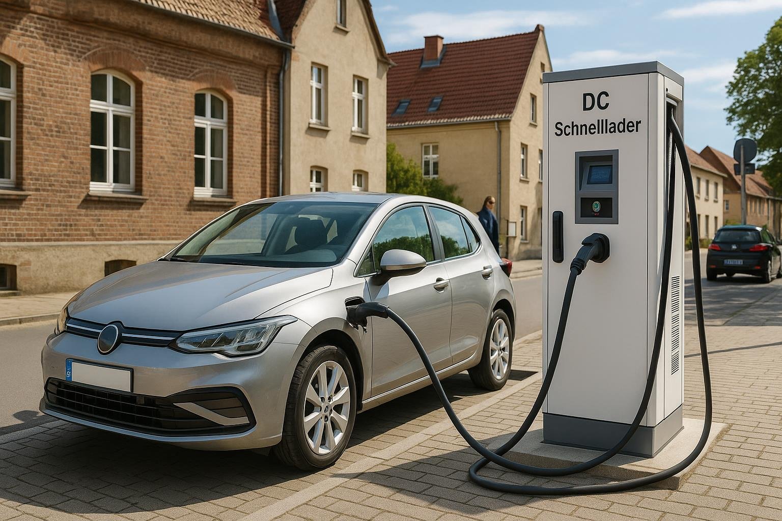 Öffentliche Ladesäule in Deutschland, an der ein E-Auto sicher lädt
