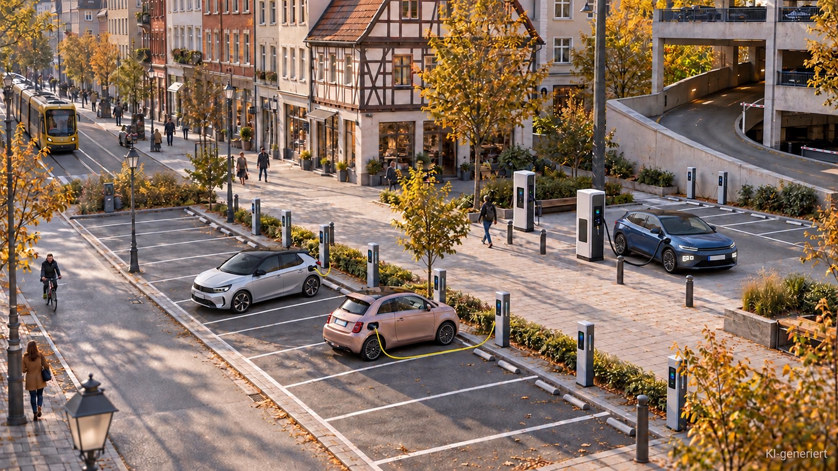 Reihe öffentlicher Ladepunkte in einer deutschen Innenstadt, Ladesäulenatlas 2026