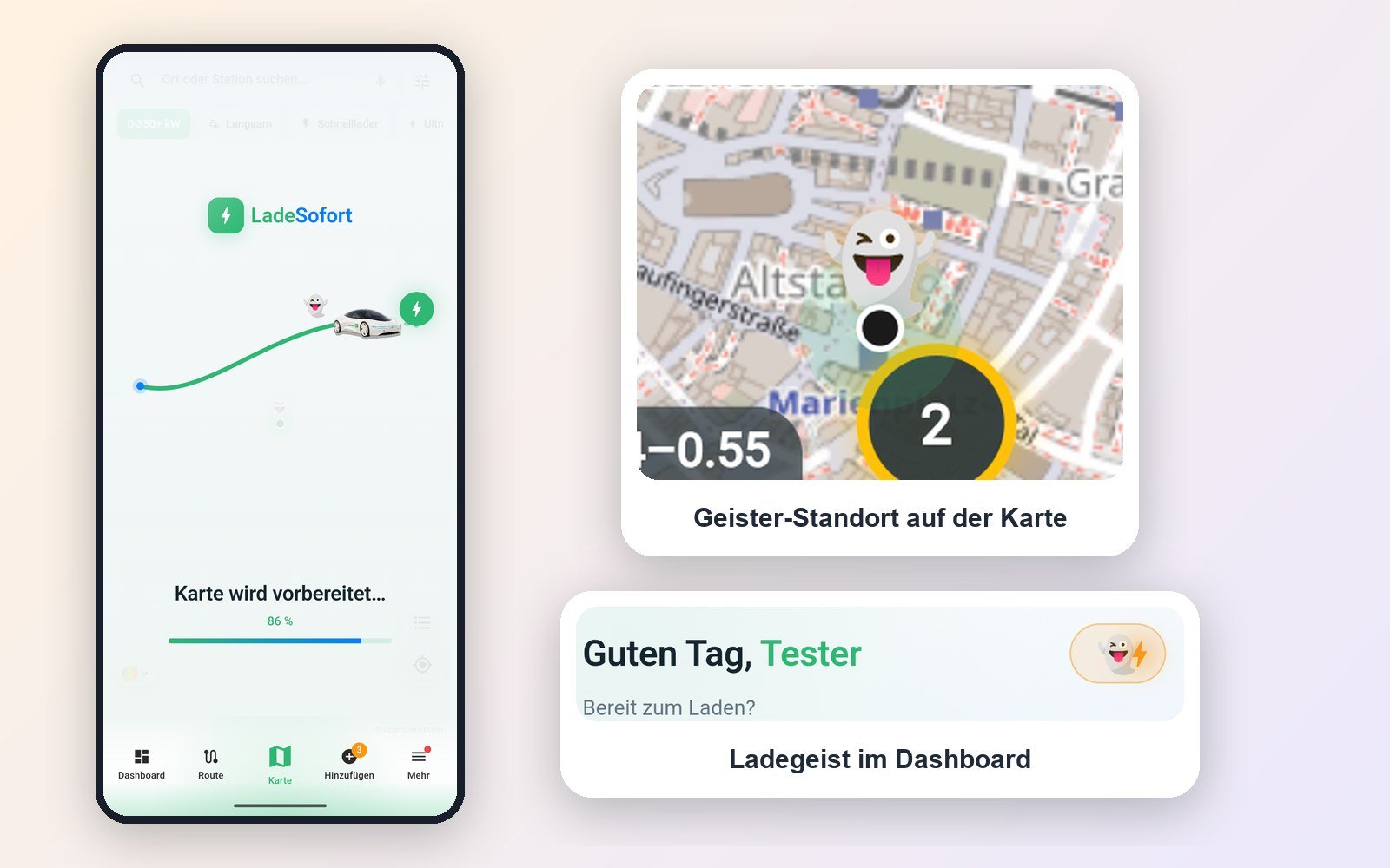 Halloween in LadeSofort: Ladegeist jagt beim Start dem Auto hinterher, Geister-Standort auf der Karte und Ladegeist im Dashboard