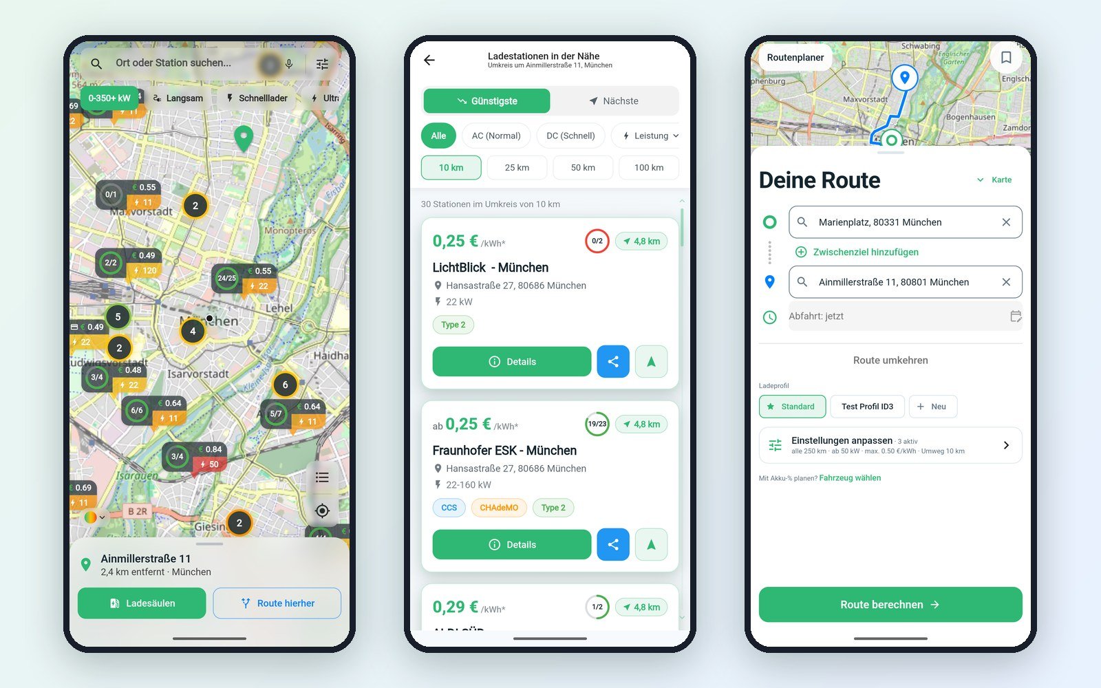 Langes Dr&uuml;cken auf die Karte in M&uuml;nchen mit Nadel und Men&uuml; mit den Kn&ouml;pfen Lades&auml;ulen und Route hierher, Liste der Ladestationen rund um den Punkt und Routenplaner mit dem Punkt als Ziel
