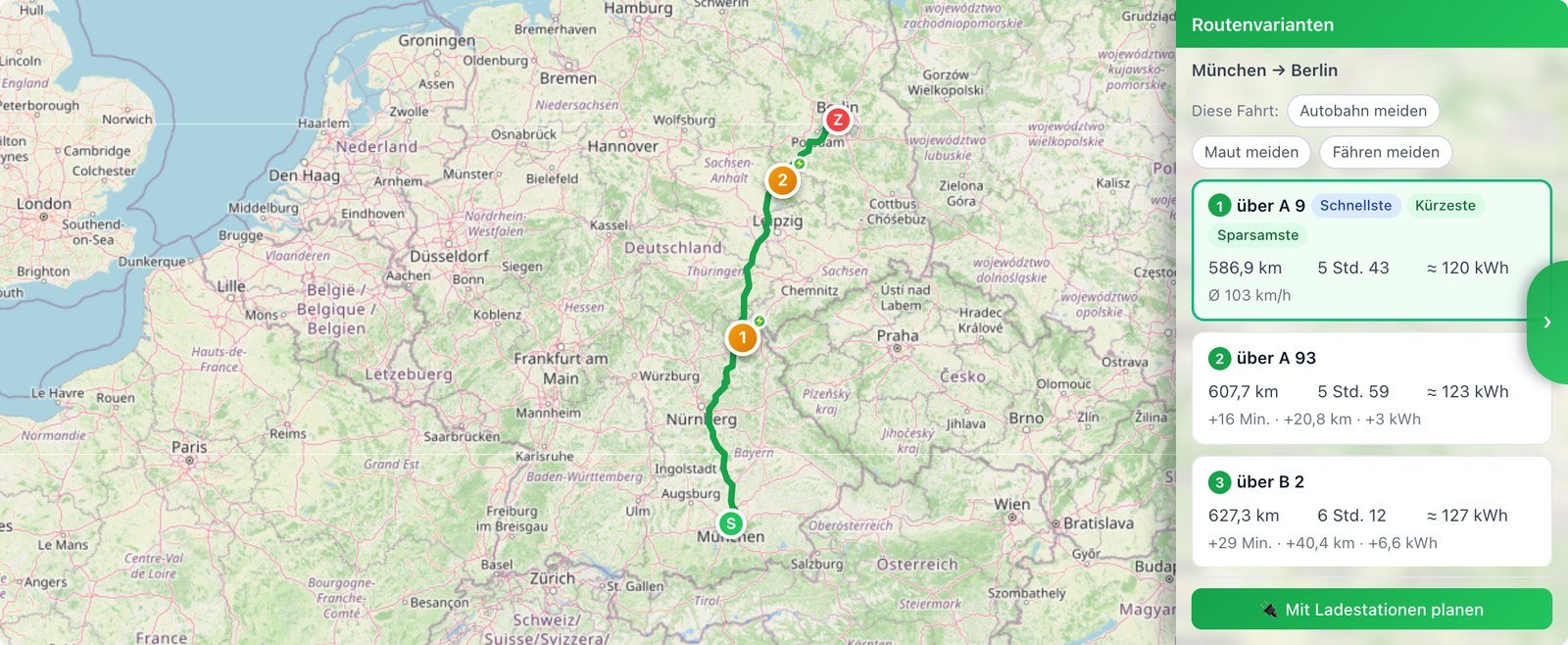 Web-Routenplaner auf ladesofort.de mit Route M&uuml;nchen&ndash;Berlin, Ladestopps und drei Routenvarianten