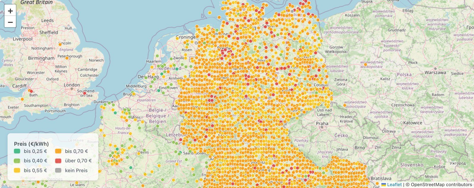 Karte auf der Startseite von ladesofort.de mit Ladestationen nach Preis eingef&auml;rbt