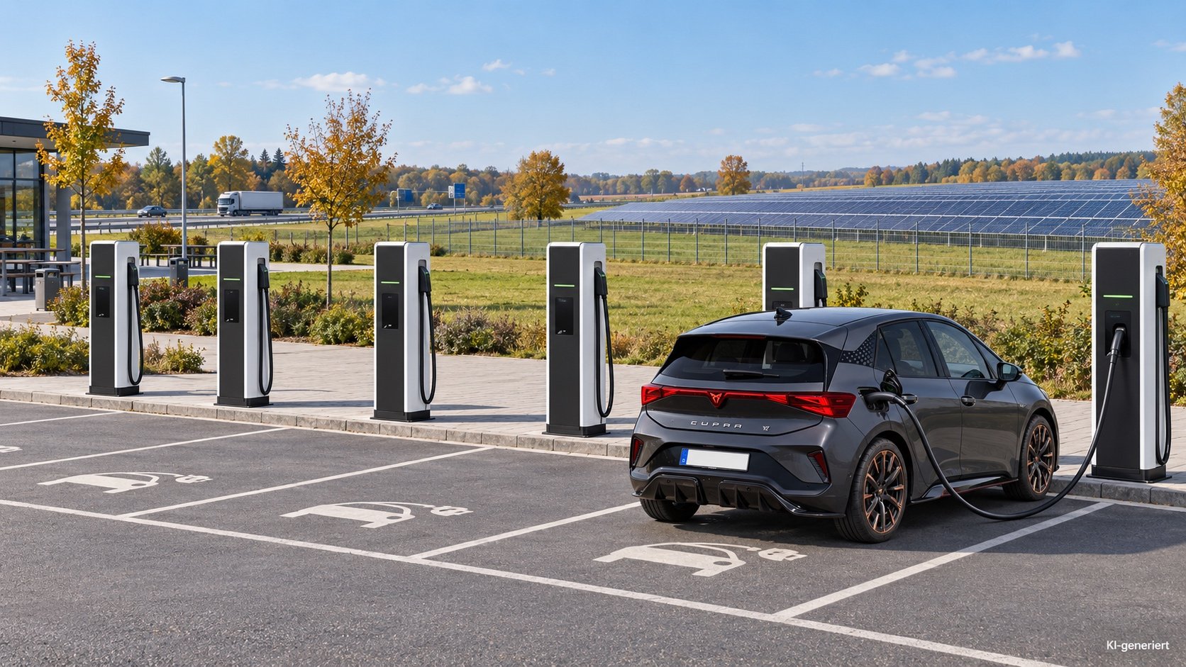 adepark am Autohof Schwarmstedt an der A7 mit Schnellladesäulen und Solarpark im Hintergrund