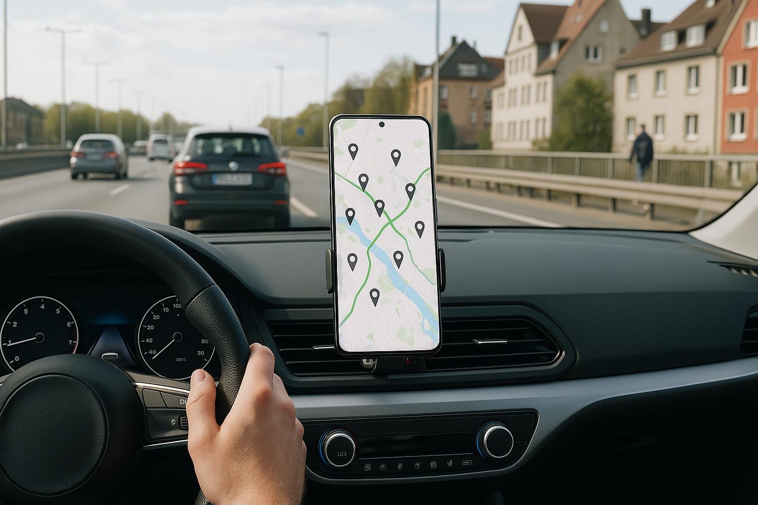 Routenplaner mit Ladestationen auf dem Smartphone im E-Auto w&auml;hrend der Reise