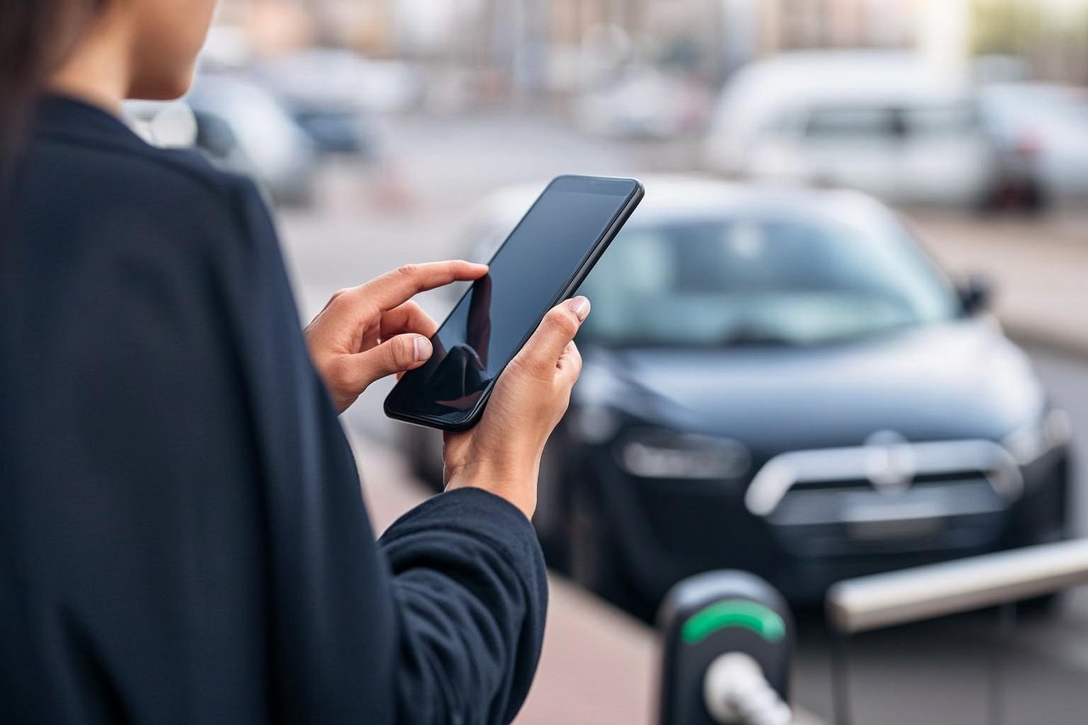 Person meldet eine anh&auml;ngertaugliche Ladestation per Smartphone-App vor ihrem Gespann