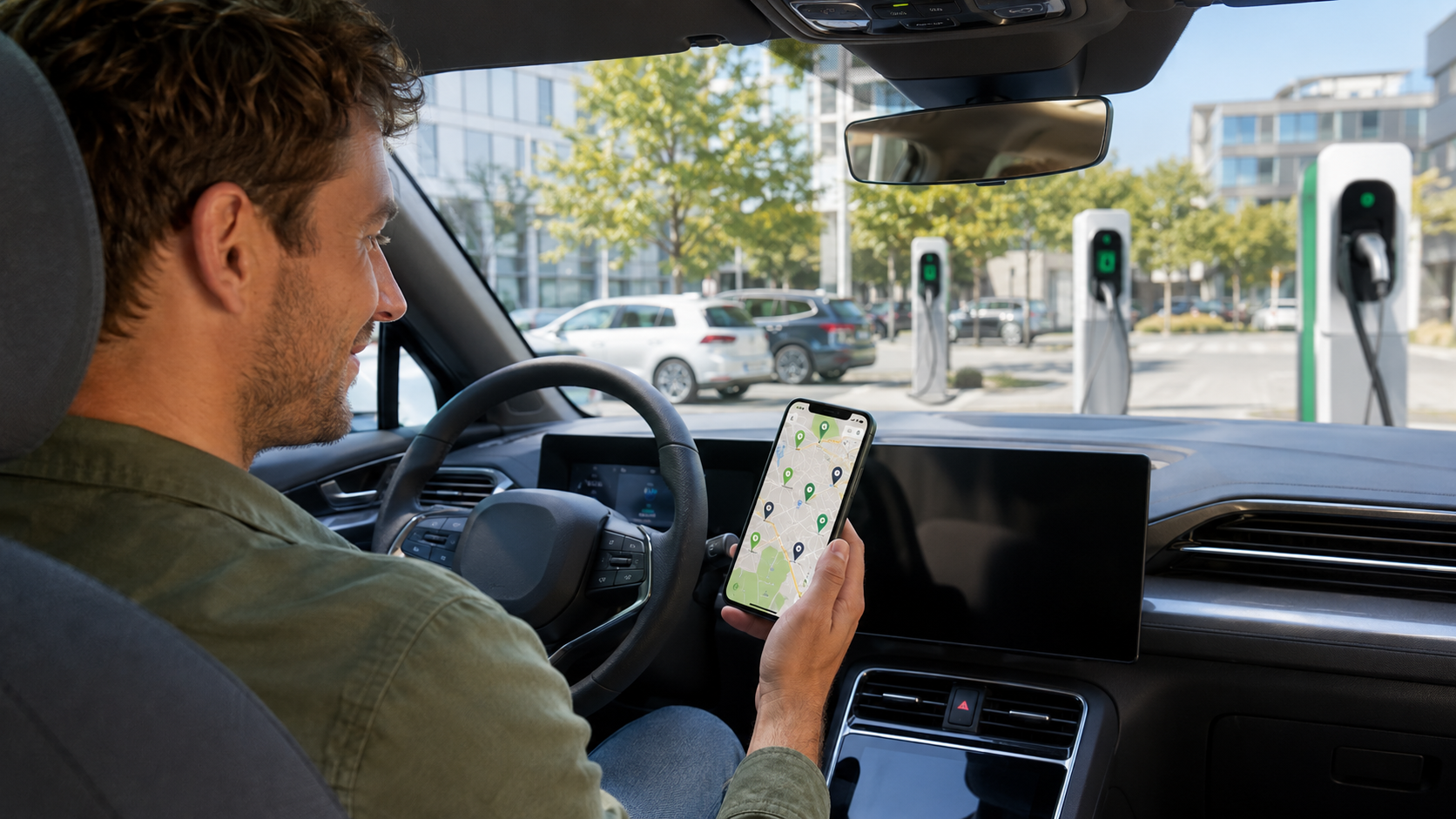Fahrer sucht per App eine Ladestation in der Nähe auf dem Smartphone