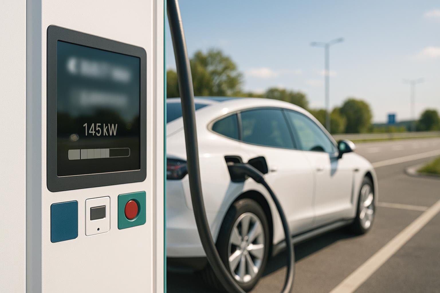 E-Auto lädt an einer Schnellladesäule, Preisanzeige im Display – Ladetarife 2026
