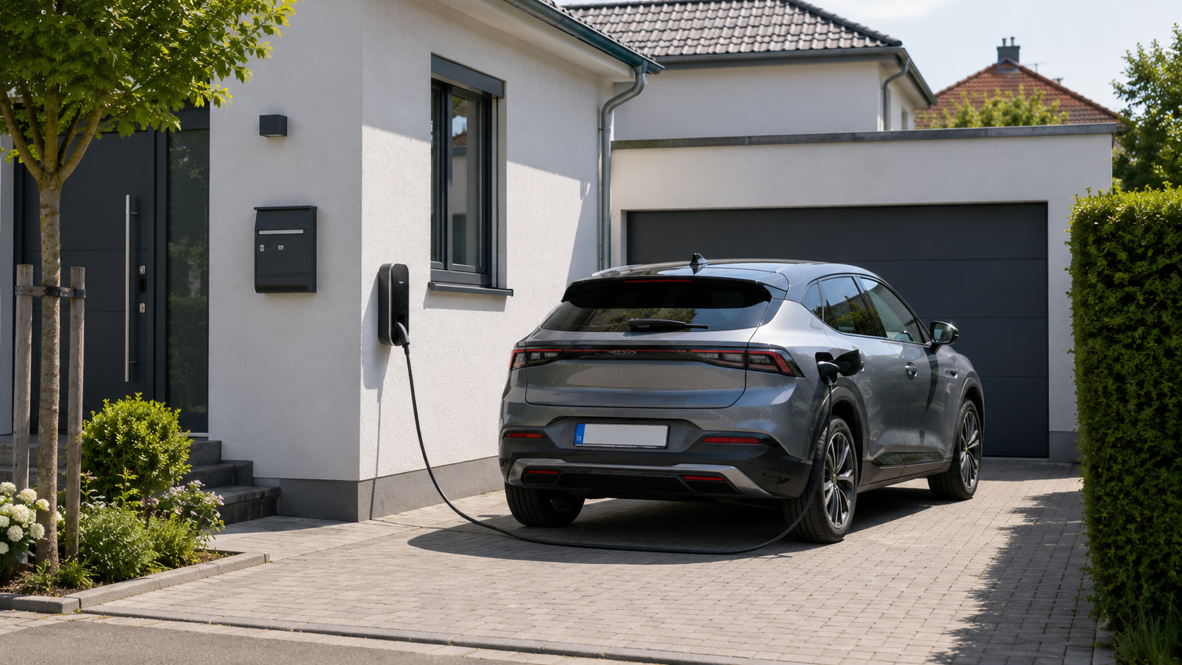 E-Auto lädt an einer Wallbox – ein Teil des Stroms geht als Ladeverlust verloren