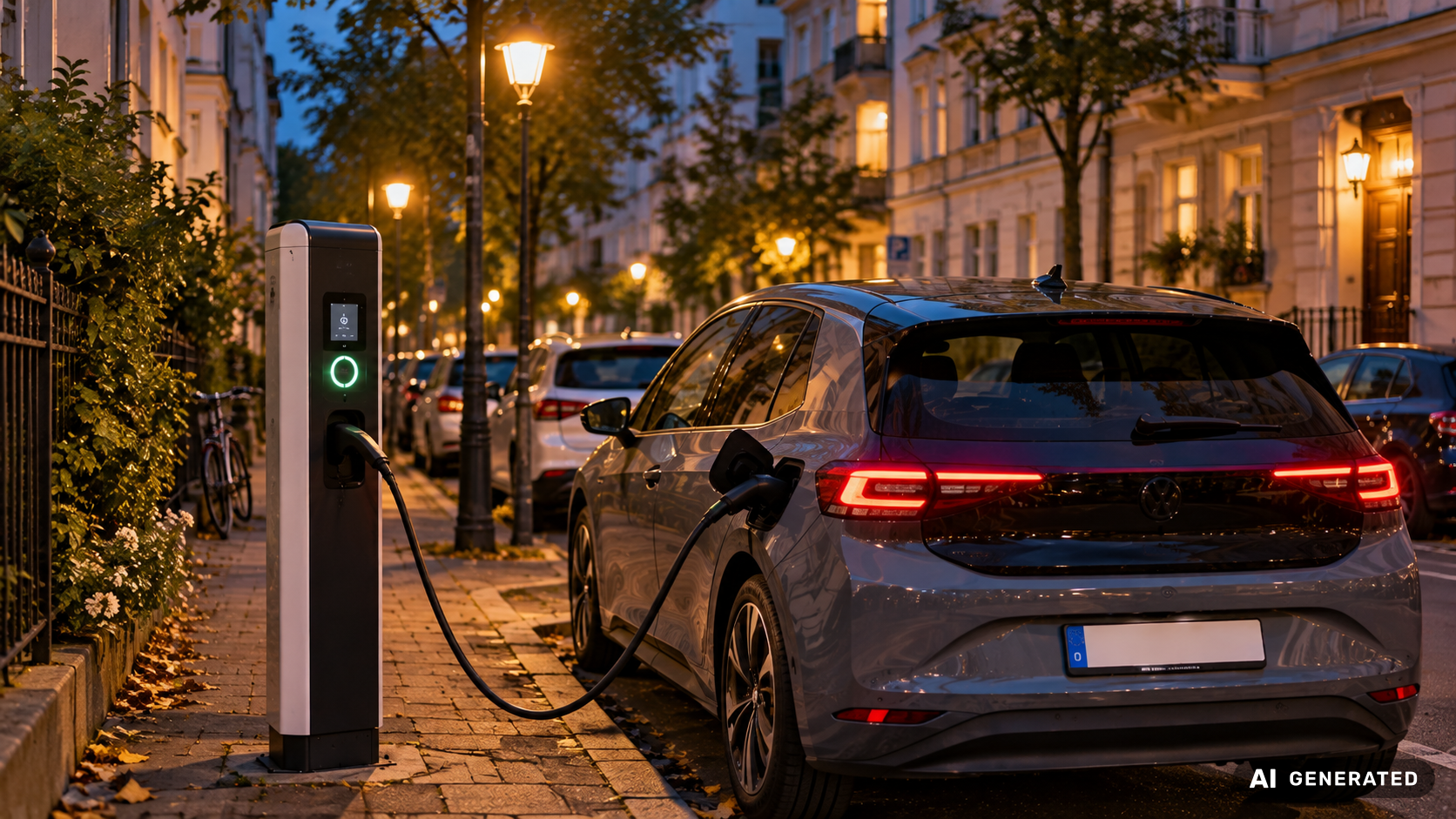 Elektroauto laedt abends an einer Laternenladesaeule in einer Wohnstrasse