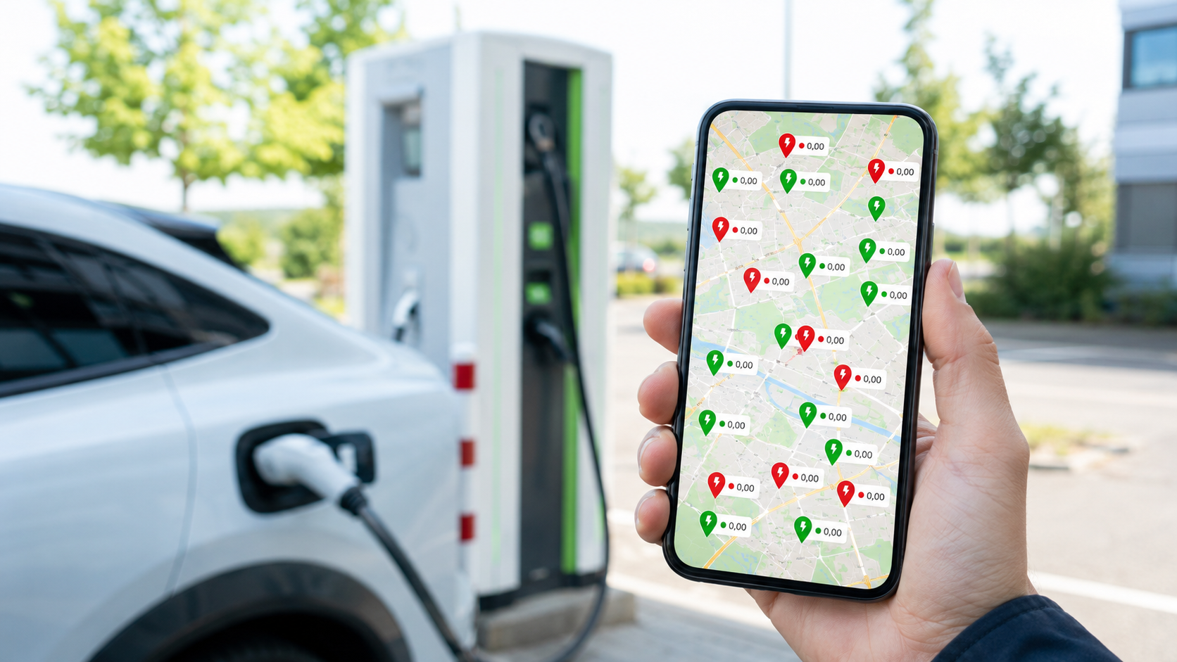 Live-Preis-Karte zeigt g&uuml;nstige Lades&auml;ulen in der N&auml;he auf dem Smartphone