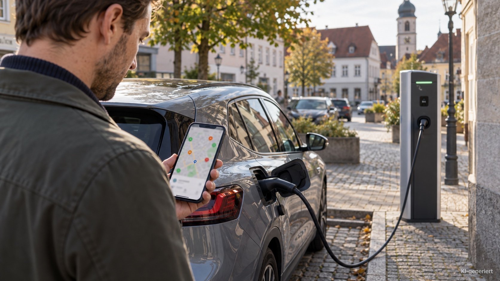 Europäischer Autofahrer schaut auf dem Smartphone die Verfügbarkeit von Ladepunkten nach