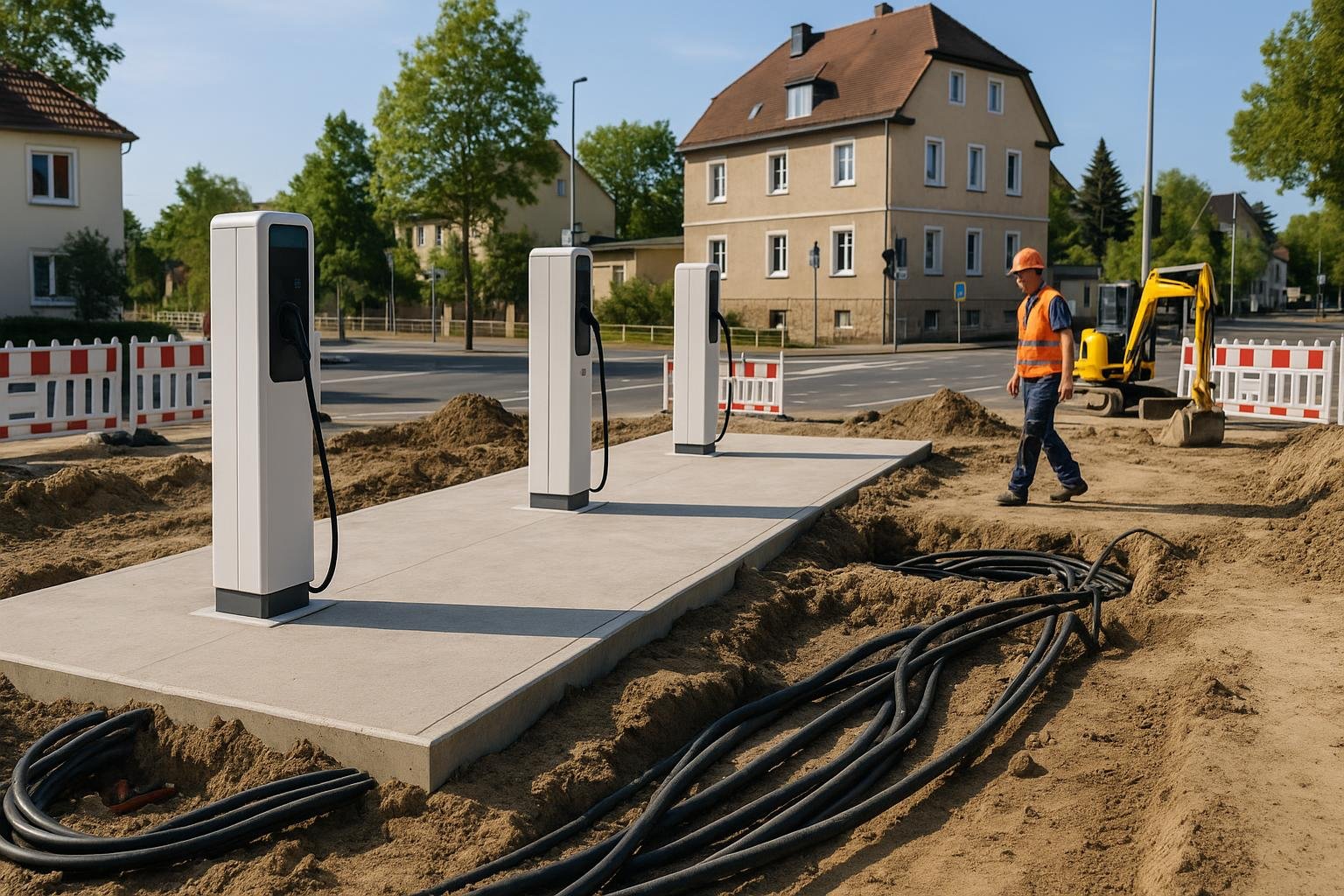 Baustelle eines neuen Ladeparks f&uuml;r E-Autos in Deutschland mit Erdarbeiten und neuen Lades&auml;ulen