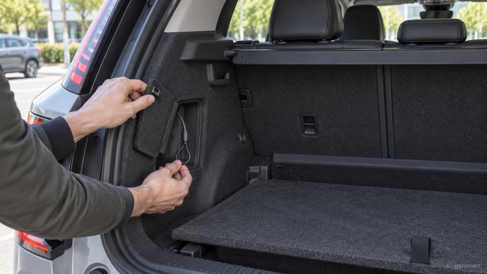 Ge&ouml;ffnete Seitenverkleidung im Kofferraum eines E-Autos mit der Zugschlaufe der Notentriegelung f&uuml;r das Ladekabel