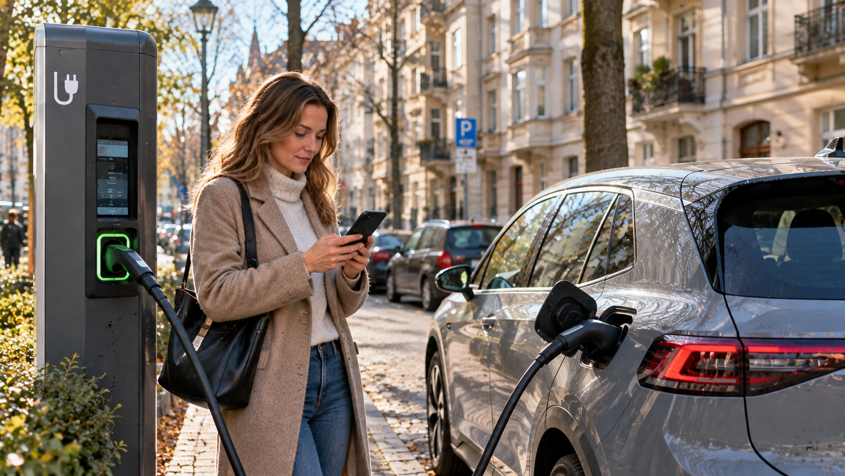 E-Auto-Fahrerin vergleicht Ladepreise per Smartphone an einer &ouml;ffentlichen Ladestation