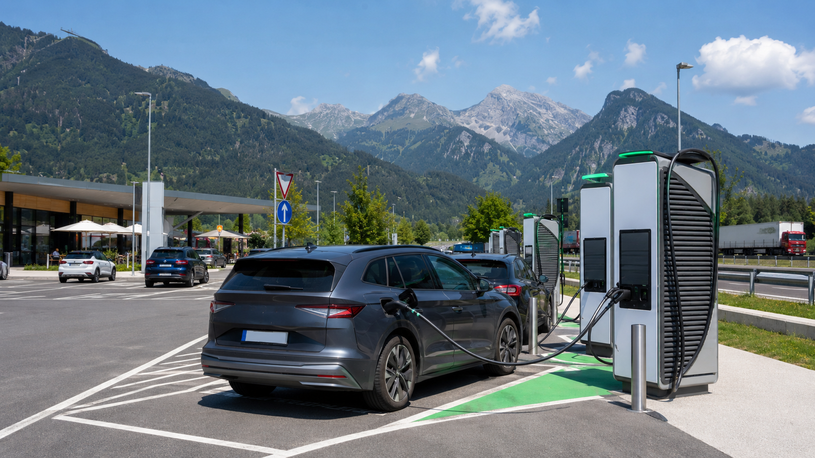 Schnellladestationen für E-Autos an einer Autobahn-Raststation in Österreich mit Alpen im Hintergrund