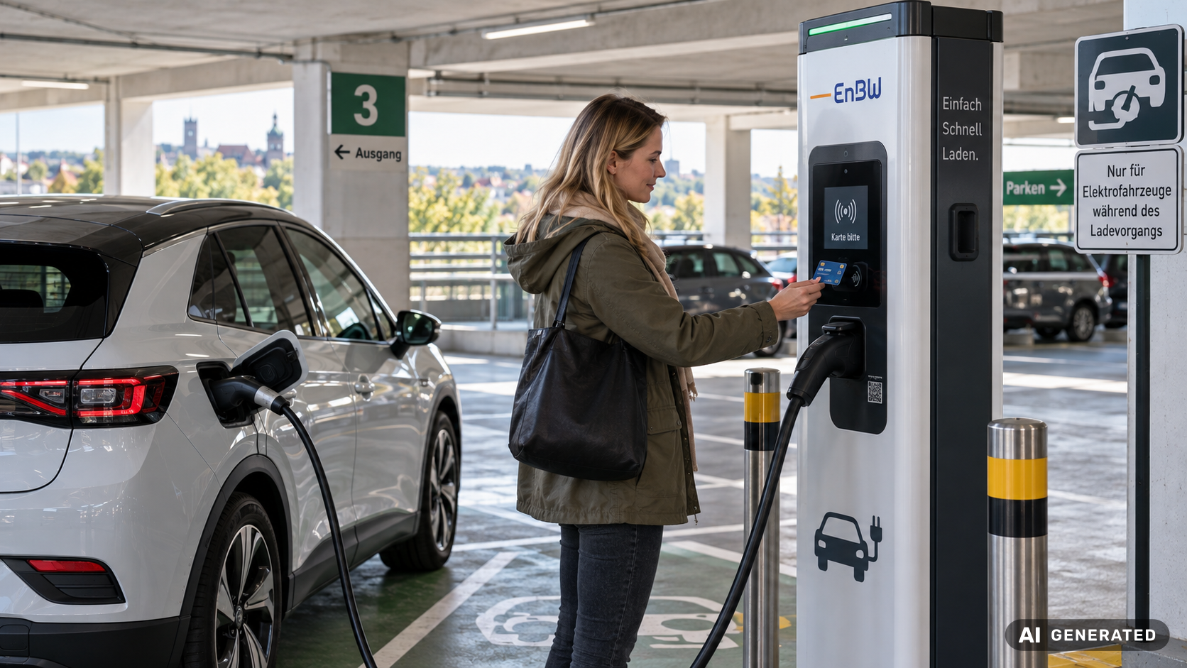 Fahrerin bezahlt an einer Ladestation im Parkhaus kontaktlos mit Bankkarte