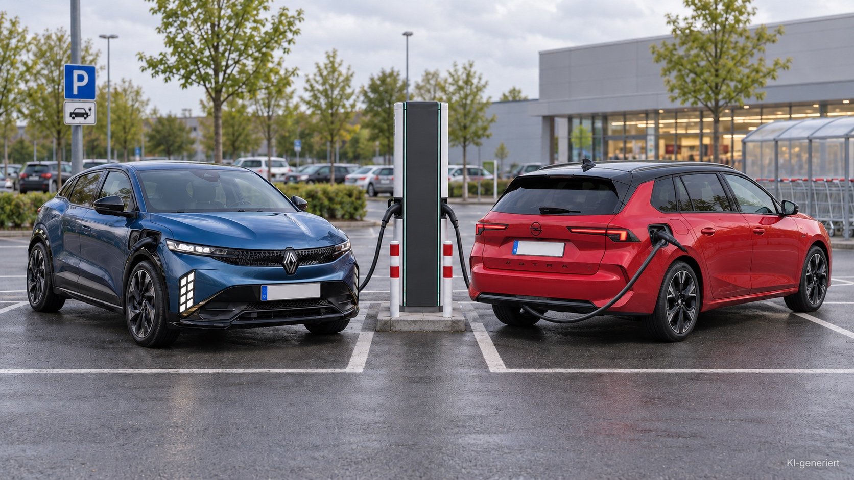 Zwei E-Autos laden gleichzeitig an einer Schnelllades&auml;ule und teilen sich die Ladeleistung