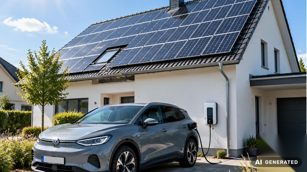 Einfamilienhaus mit voll belegter Photovoltaik-Anlage, davor ein ladendes Elektroauto