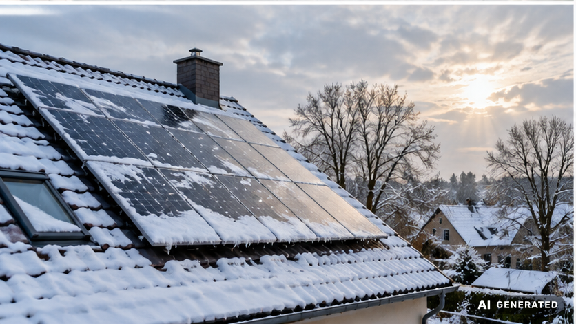 Verschneite Photovoltaik-Anlage auf einem Hausdach im Winter