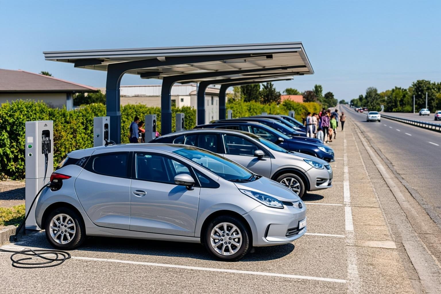 E-Auto lädt an einem öffentlichen Schnellladepark in Deutschland – Roaming entscheidet über den Preis pro kWh