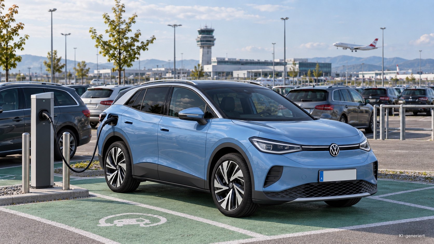  E-Auto steht an einer Ladesäule auf einem Flughafenparkplatz, Ladekabel eingesteckt 