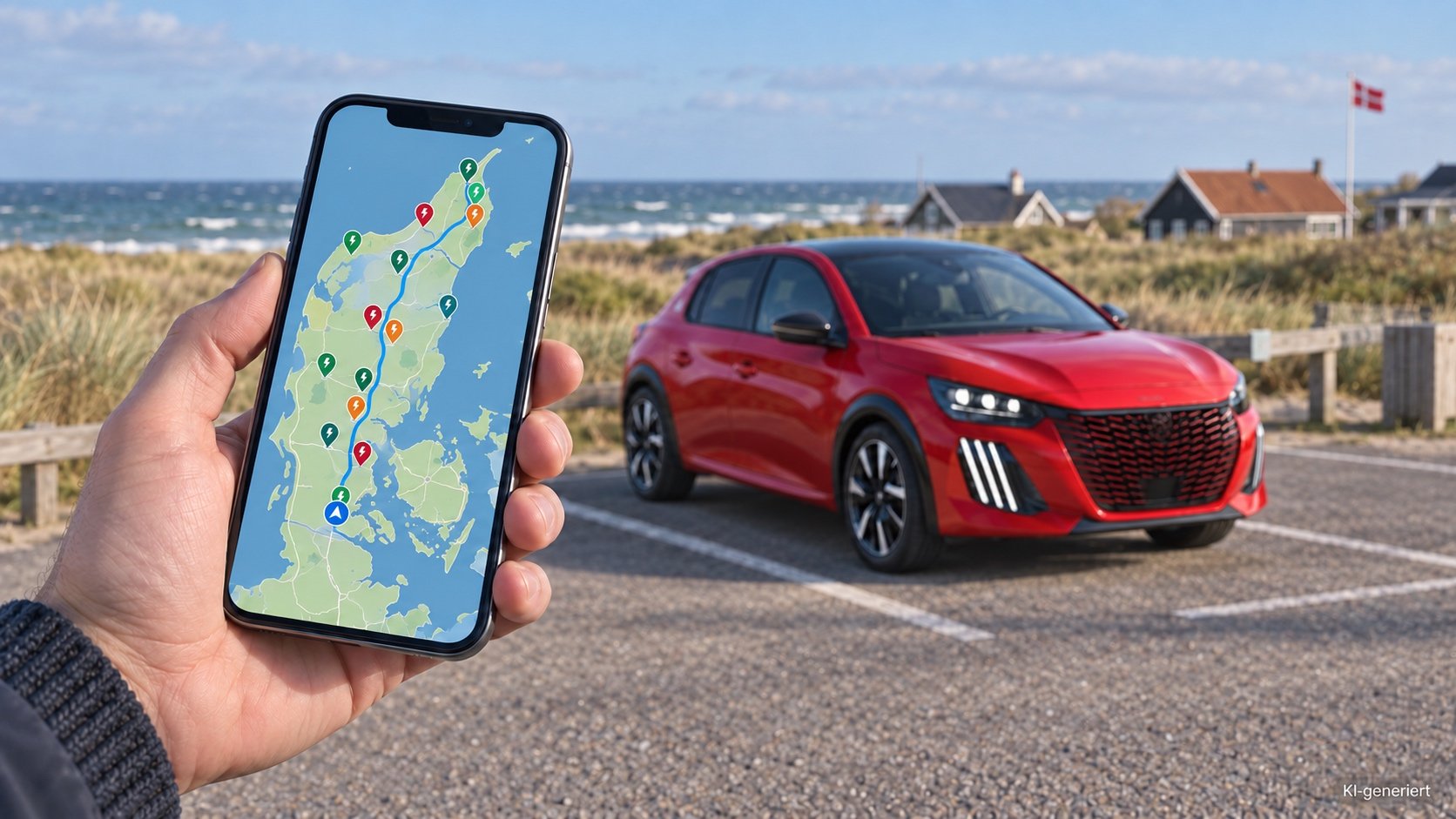 Smartphone mit Kartenansicht und Ladestopps auf einer Route durch D&auml;nemark