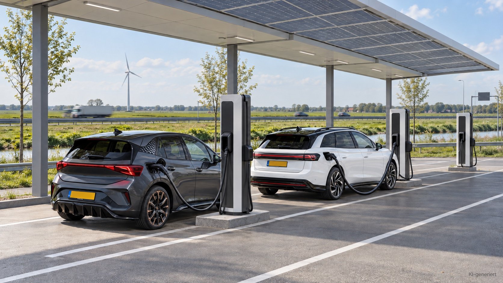 Schnellladepark an einer niederl&auml;ndischen Autobahn mit ladenden E-Autos unter einem Solardach