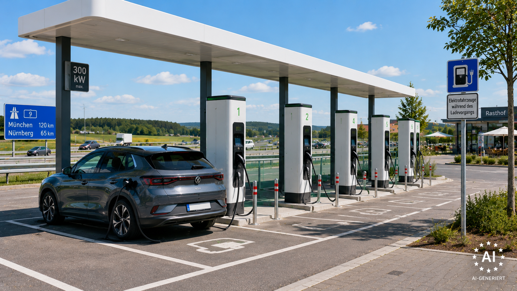 HPC-Schnellladepark mit mehreren Lades&auml;ulen an einer deutschen Autobahn