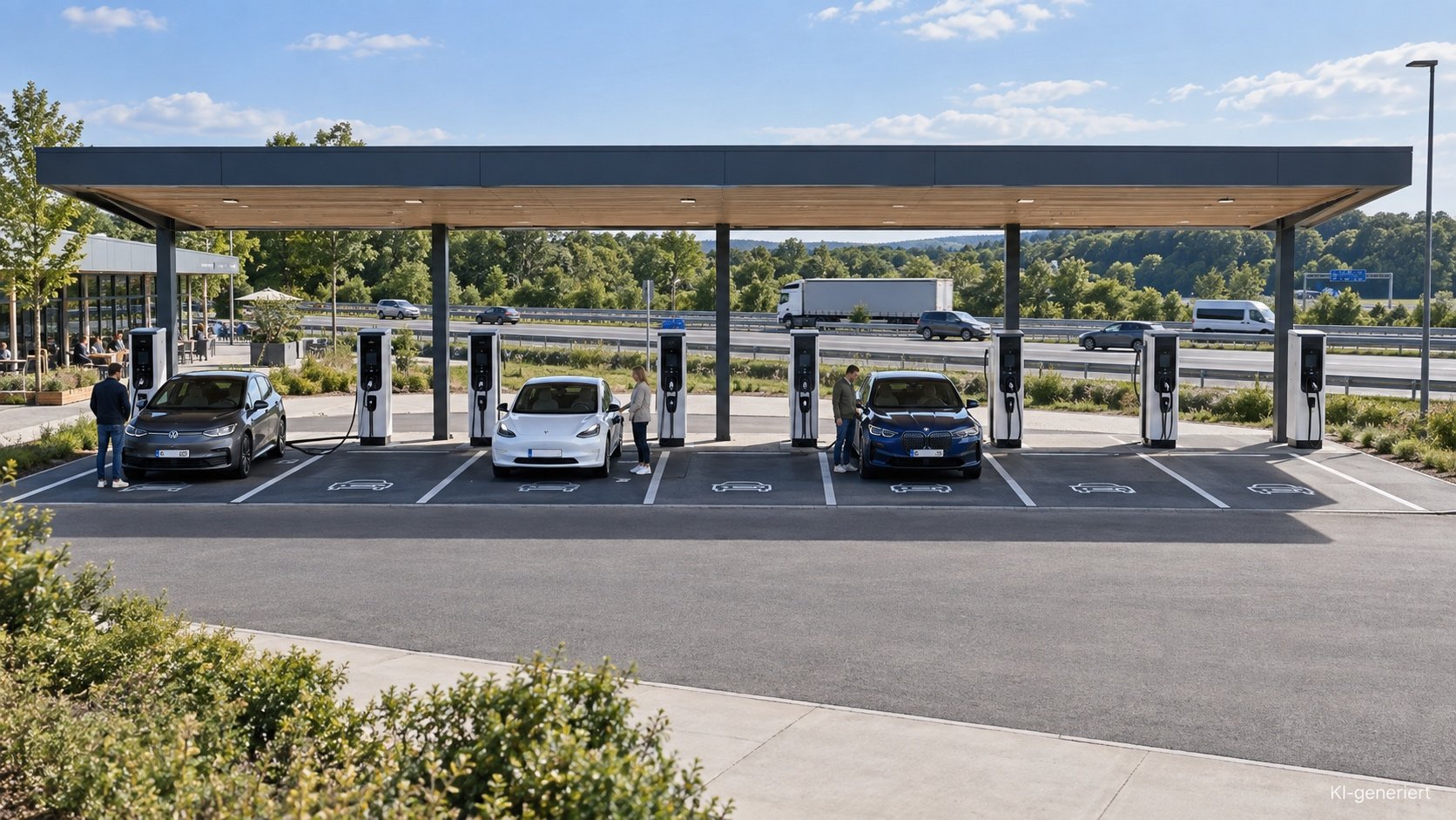 Schnellladepark an einer Autobahnraststätte mit acht Ladepunkten und ladenden E-Autos