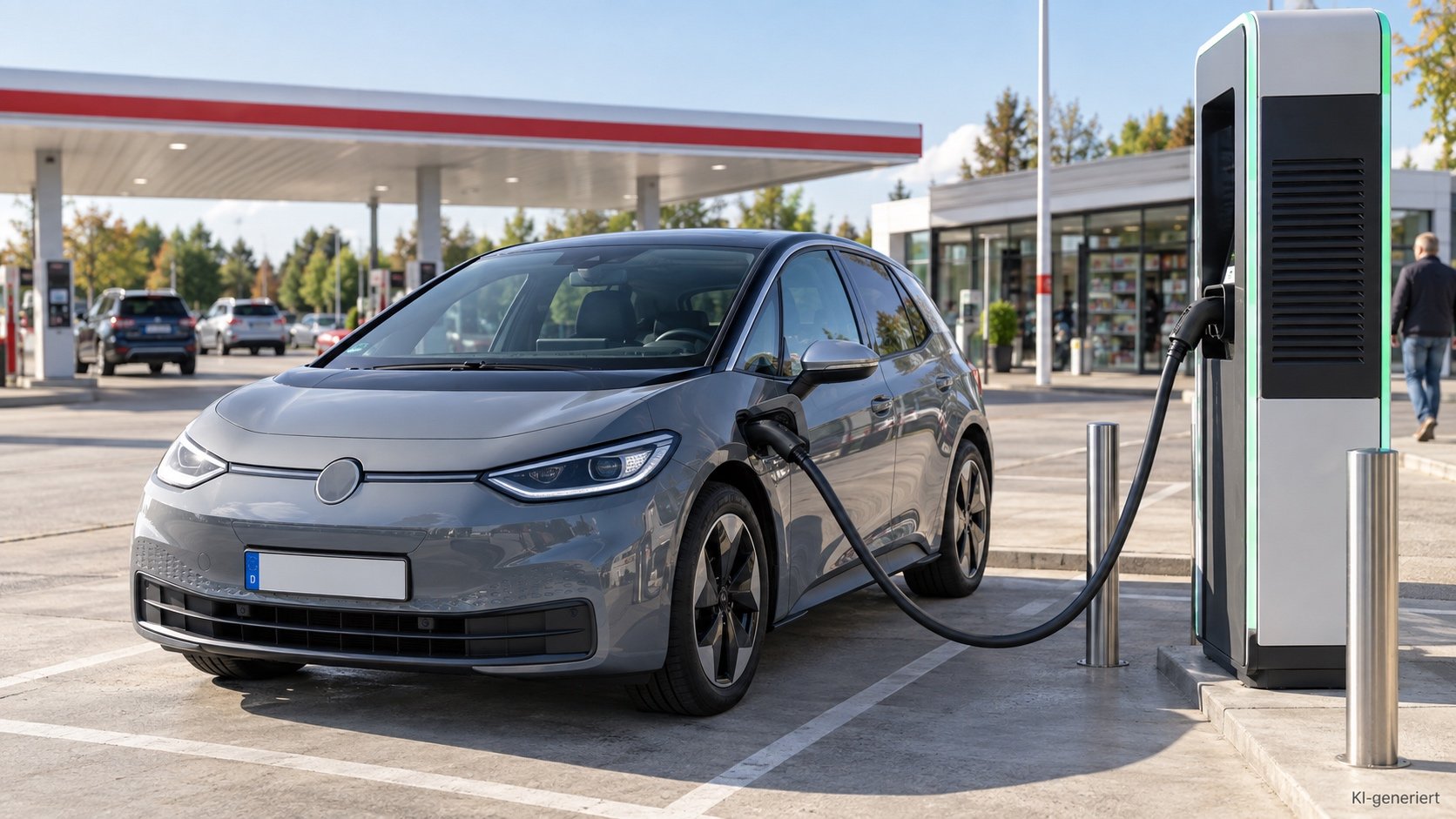 Elektroauto lädt an einem Hochleistungslader auf einem Tankstellenhof