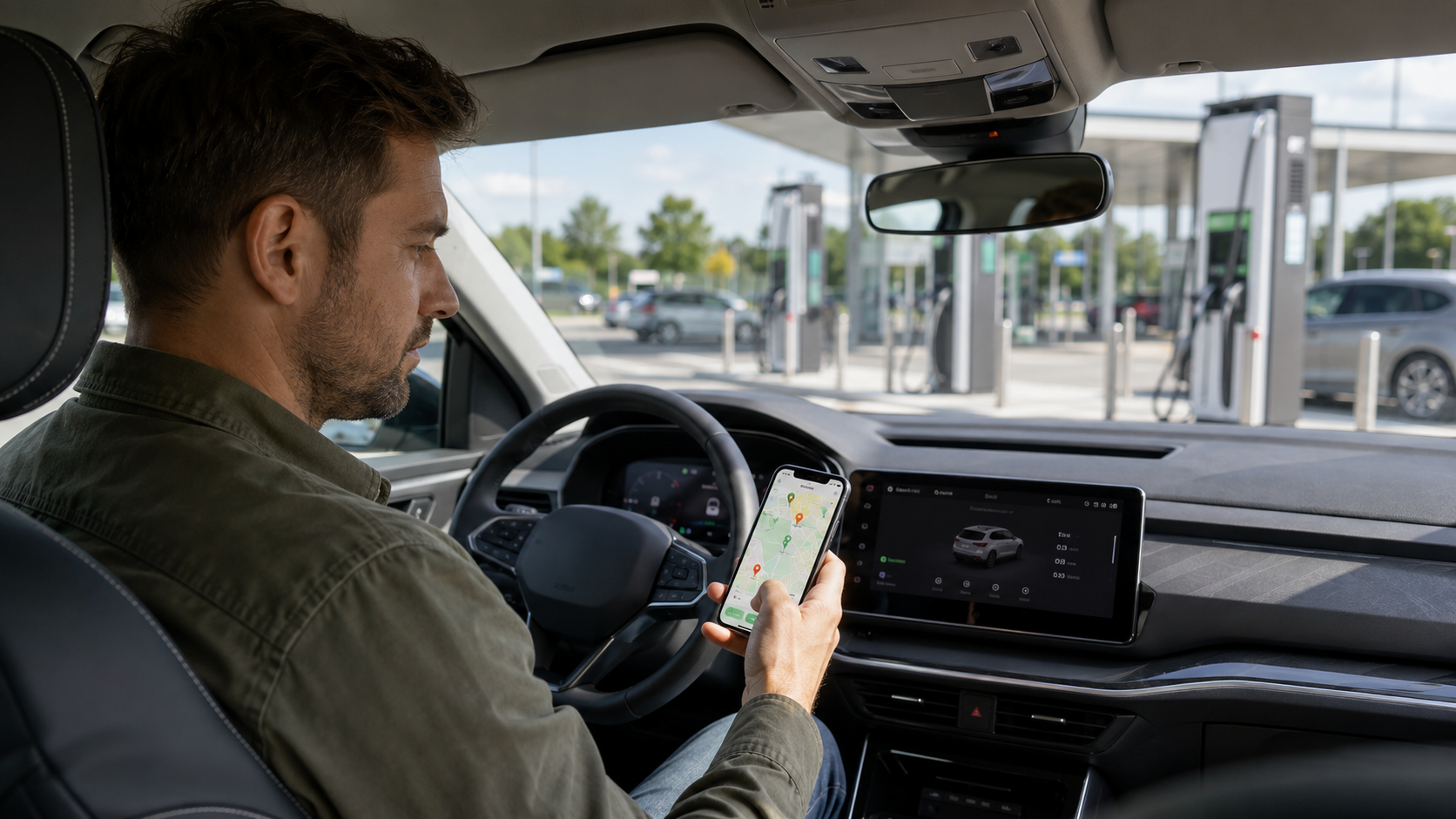 Fahrer sucht auf dem Smartphone eine freie Schnellladestation in der Nähe