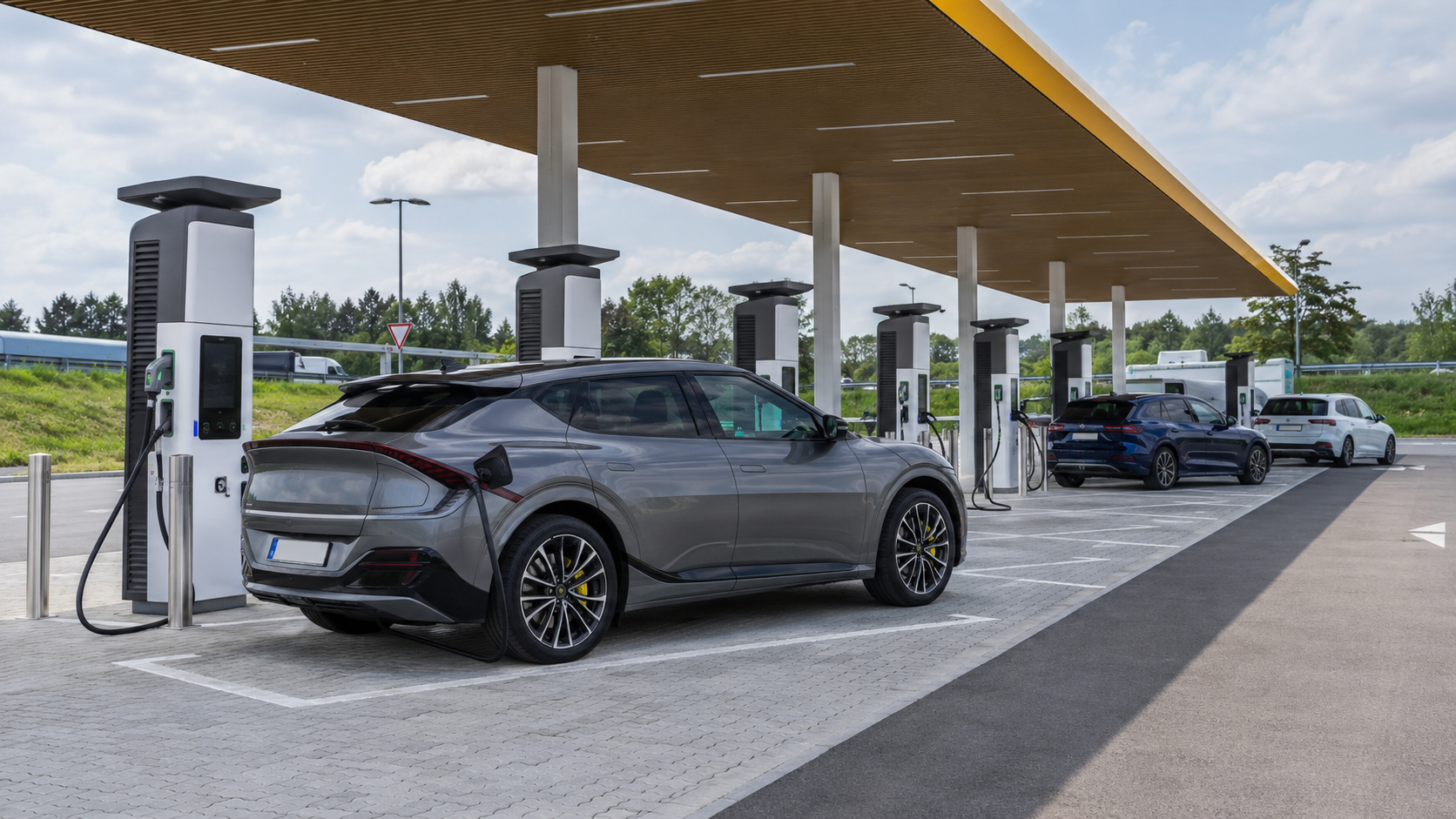 E-Auto lädt an einer Schnellladestation in einem HPC-Ladepark an der Autobahn