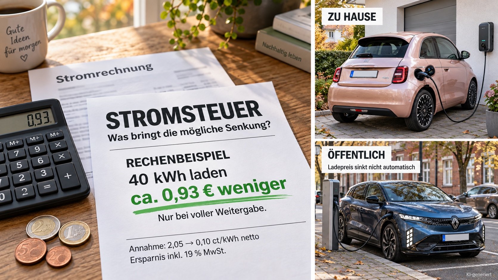 Elektroauto lädt an einer öffentlichen Ladesäule in einer deutschen Stadt, Ladekabel angesteckt