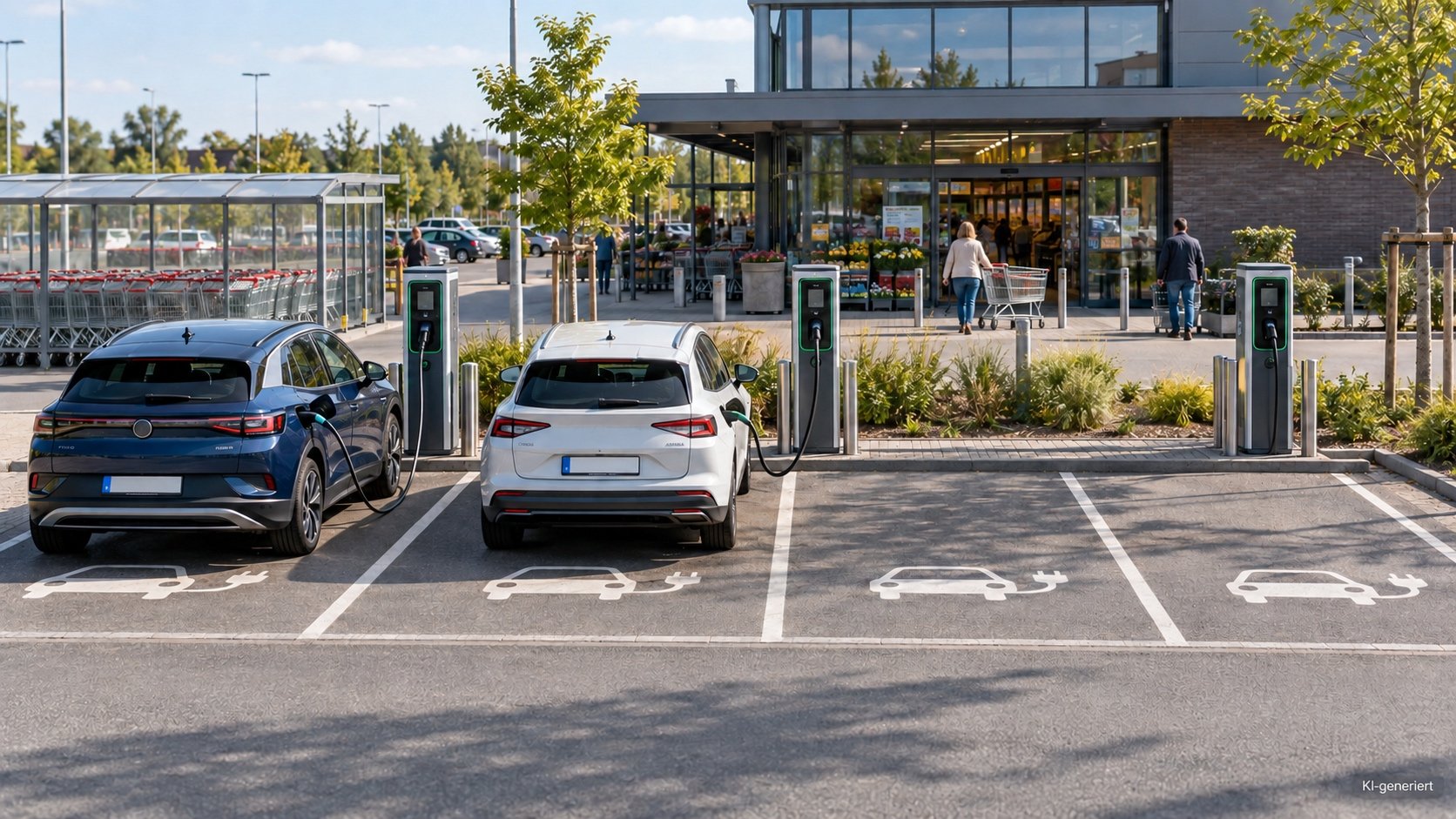  Mehrere Ladepunkte auf einem Supermarktparkplatz, teilweise belegt, teilweise frei 