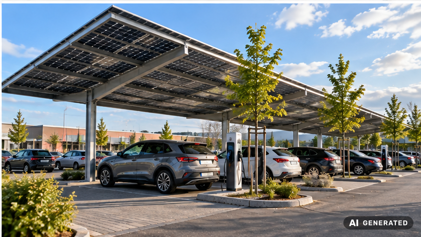 &Uuml;berdachter Supermarkt-Parkplatz mit Photovoltaik auf dem Carport und Ladepunkten darunter