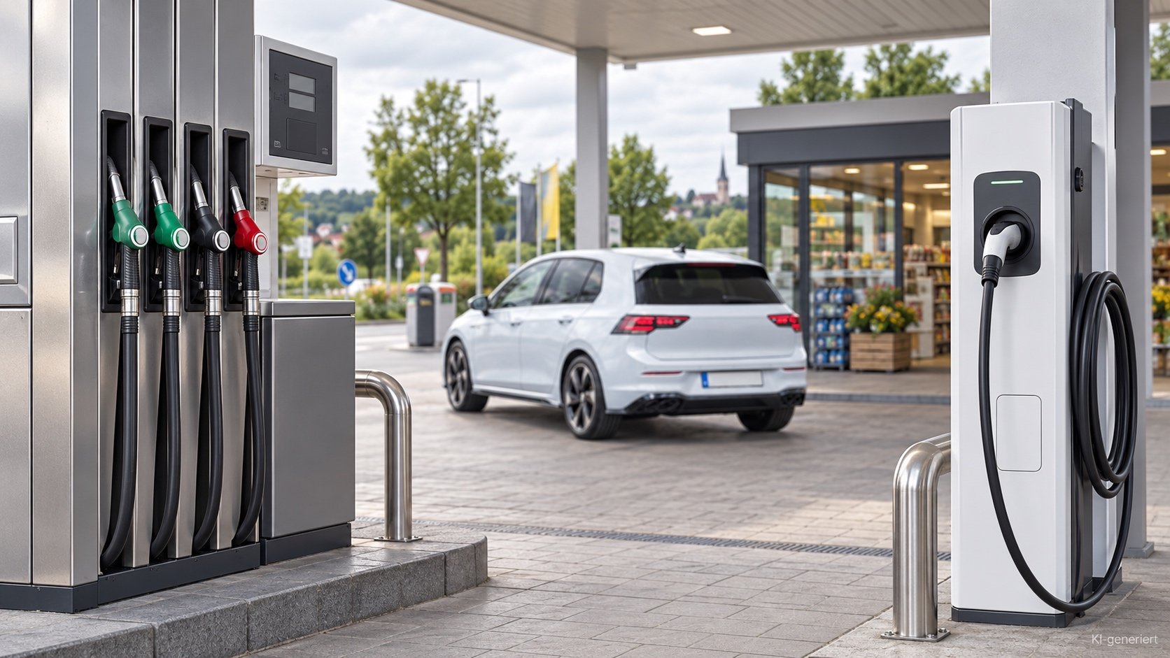 Zapfs&auml;ule und Lades&auml;ule nebeneinander an einer deutschen Tankstelle