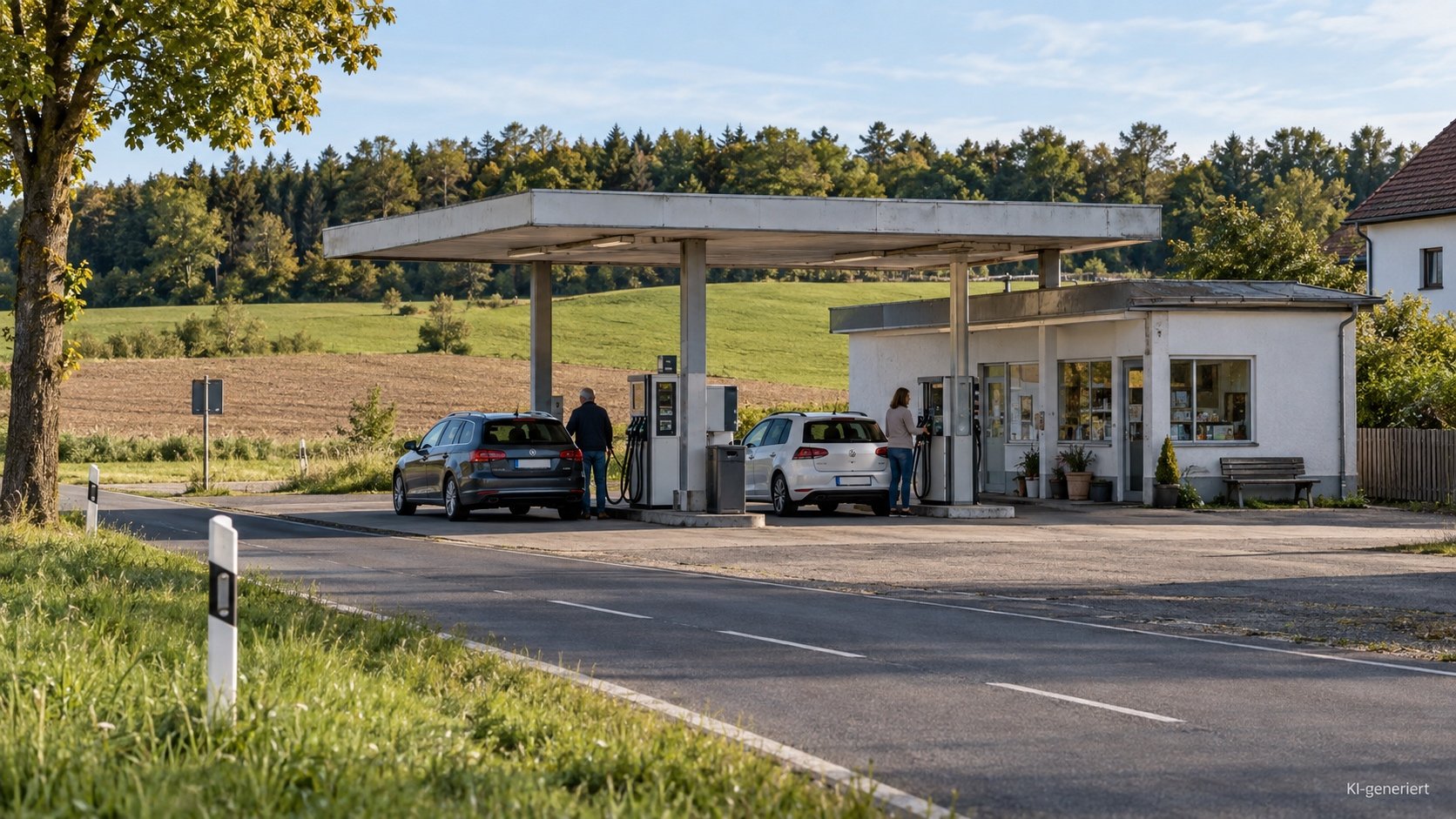 Kleine Tankstelle an einer Landstraße ohne Ladesäule