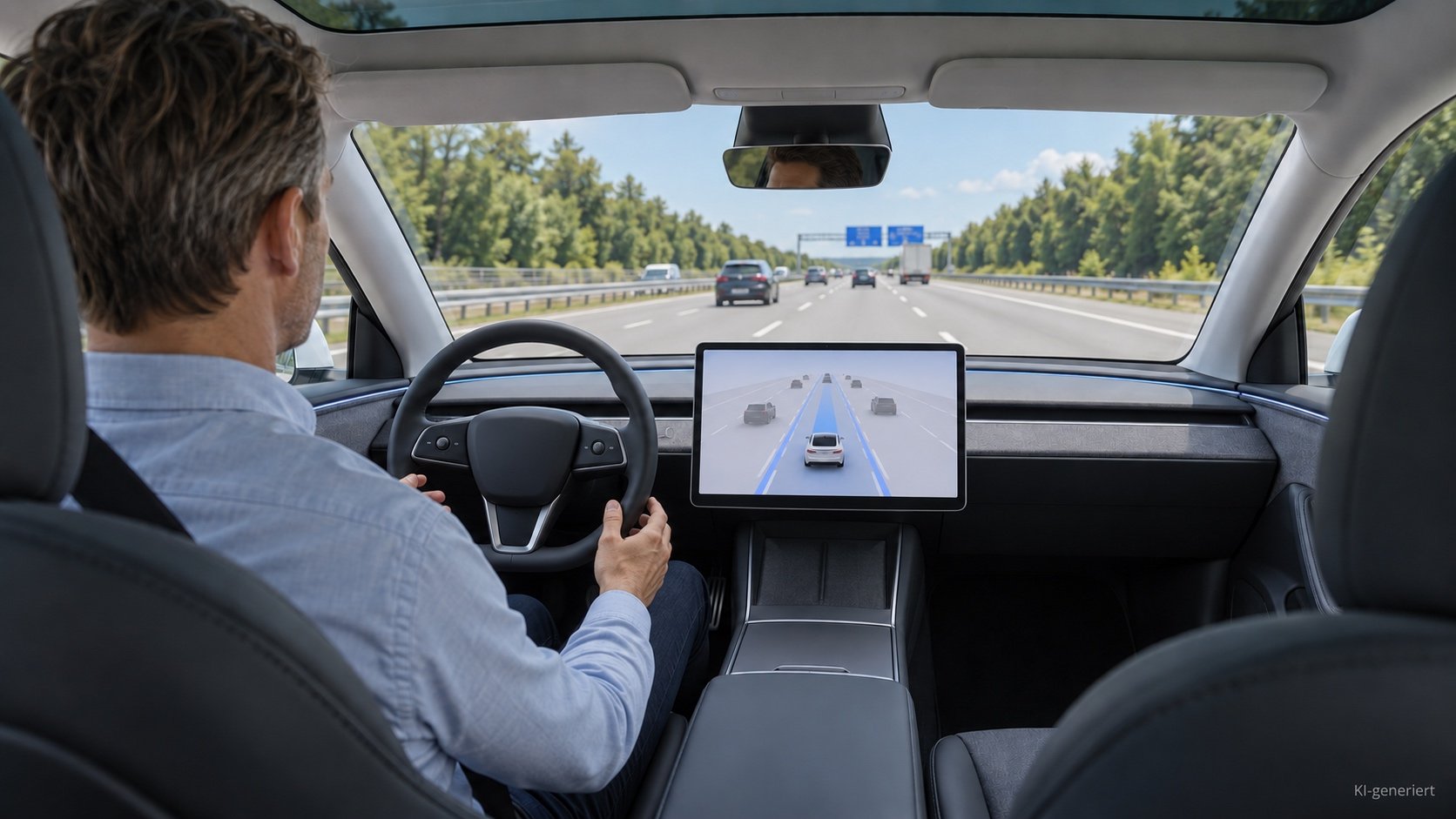 Elektroauto mit Fahrassistenz auf einer deutschen Autobahn, Fahrer mit Händen nahe am Lenkrad