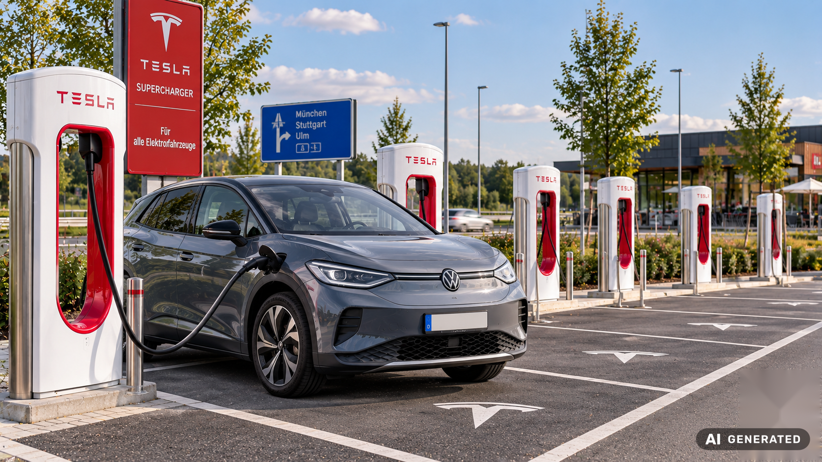 Elektroauto einer anderen Marke lädt an einem Tesla Supercharger in Deutschland
