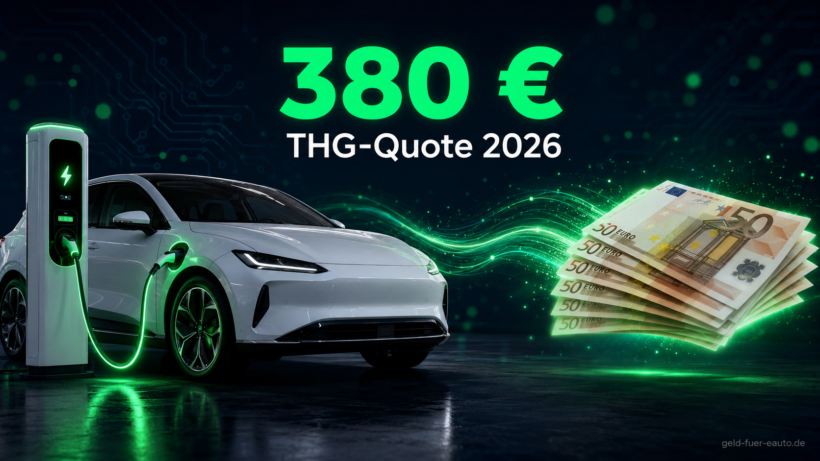 Elektroauto wird an öffentlicher Ladestation geladen, daneben Symbol für 380 Euro THG-Prämie 2026