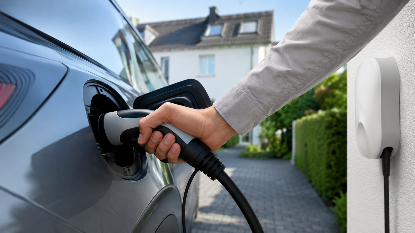 Typ-2-Stecker wird an einer Wallbox in ein E-Auto gesteckt beim AC-Laden