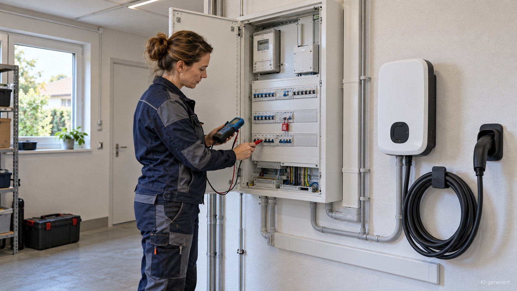 Elektrofachkraft schlie&szlig;t eine Wallbox an einem Sicherungskasten an