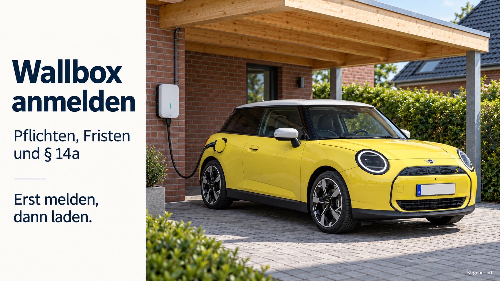 Wallbox an einer Hauswand, daneben ein ladendes E-Auto in einem Carport